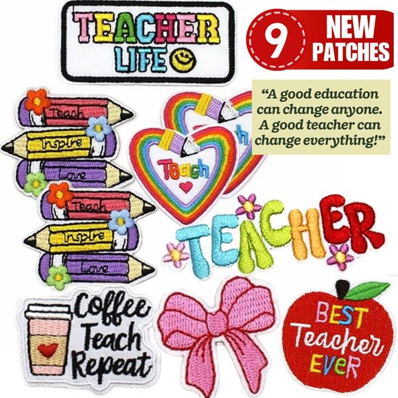 SET OF 9 TEACHER TEACH Theme Iron-On Premium Patches - PERFECT GIFT FOR TEACHERS - Picture 1 of 6